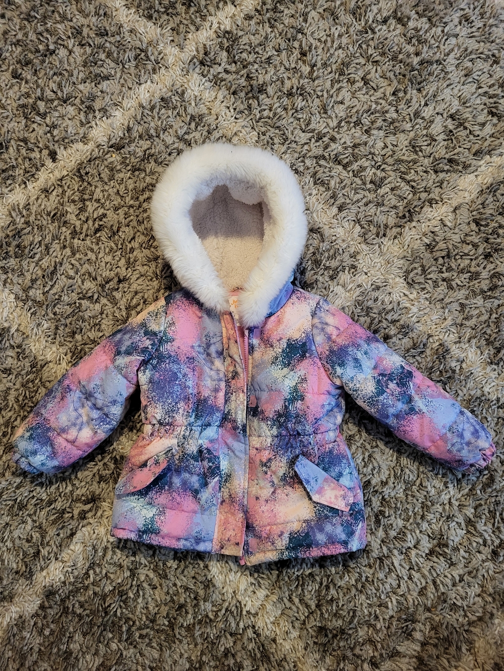 jumping beans Pink, Blue & White Hooded Girls Winter Jacket with Faux Fur